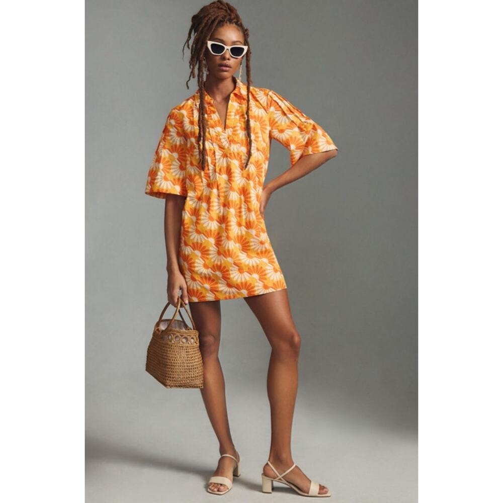 Anthropologie Printed Tunic Dress MP Yellow Orange Floral Mini Beach Coverup